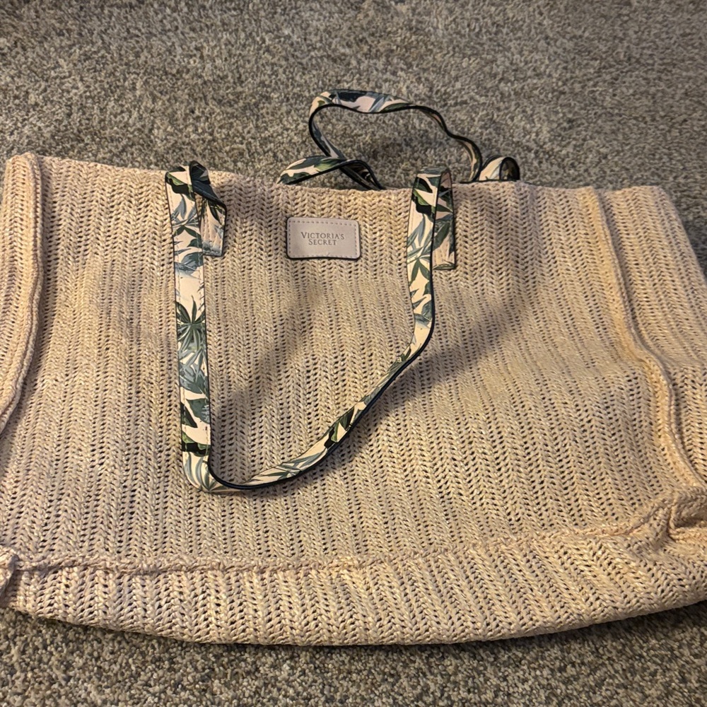 Victoria's Secret Woven Beige Tote with Patterned Straps